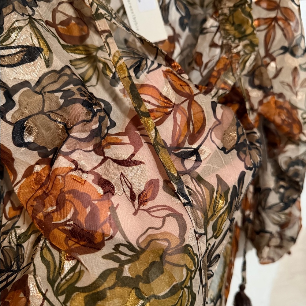 NWT Paparazzi Sheer Floral V Neck Blouse With Metallic Gold Accents and Tassels - Picture 2 of 4